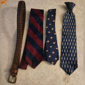 Kids Brown Braided  Belt And 3 Pc Tie Set